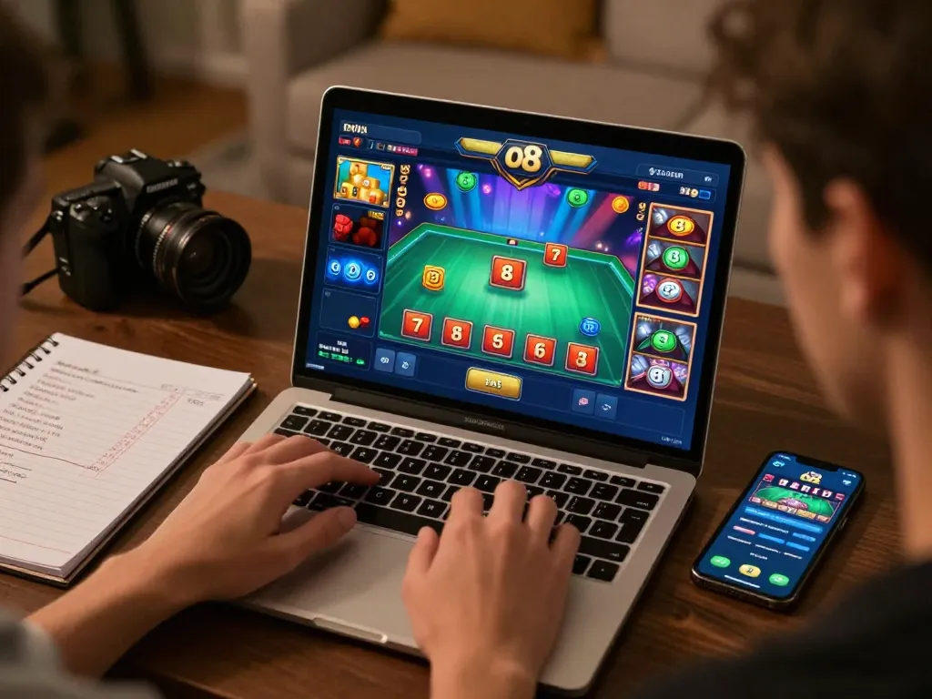 Player engages with online o8 casino on laptop, studying strategies in a cozy home setup.