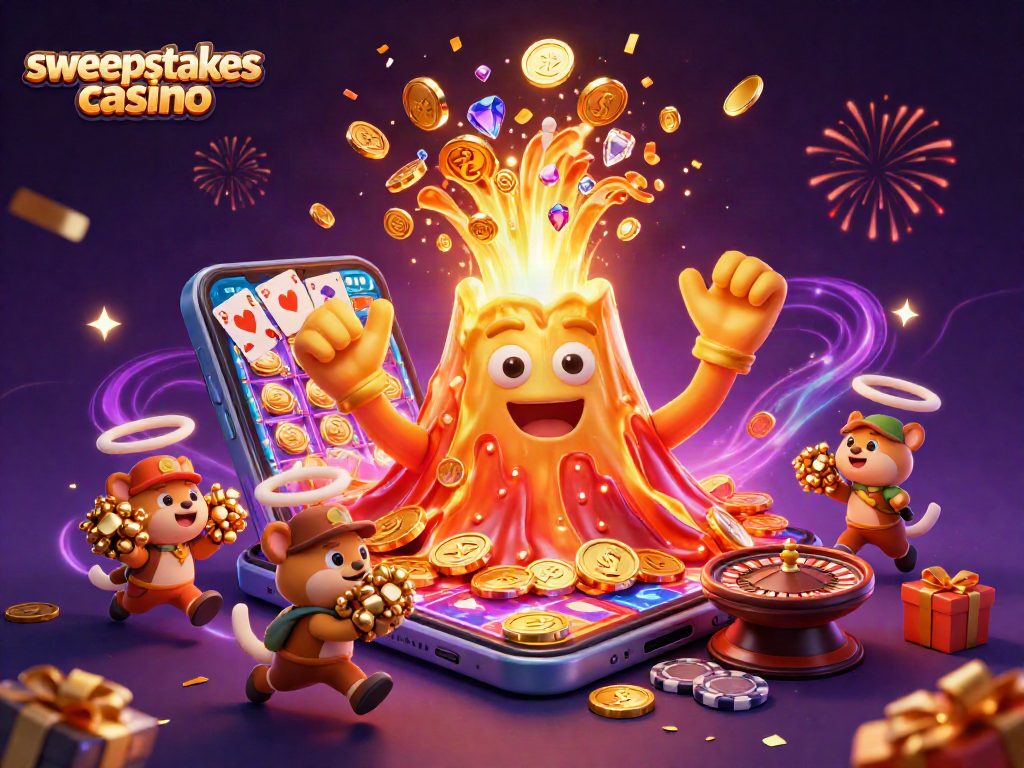 Sweepstakes casino scene showcasing a triumphant golden volcano with treasure, vibrant slot game action, and festive energy.