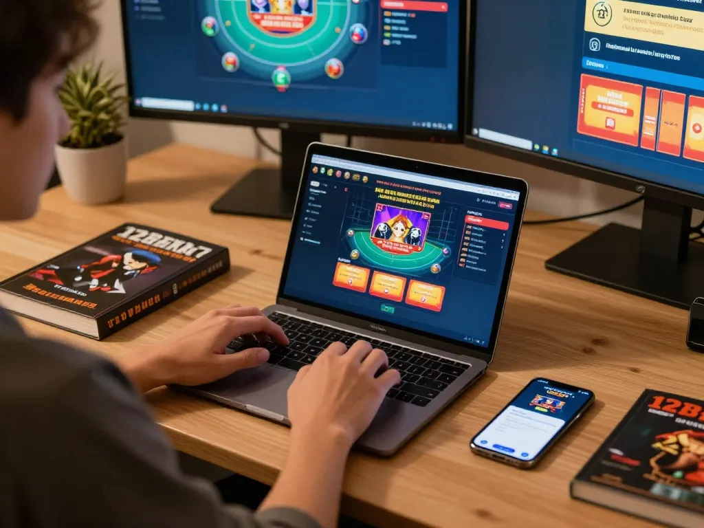 Người chơi tập trung thưởng thức Link 12bet trên laptop trong một không gian chơi game ấm cúng, khuyến khích việc chơi game có trách nhiệm