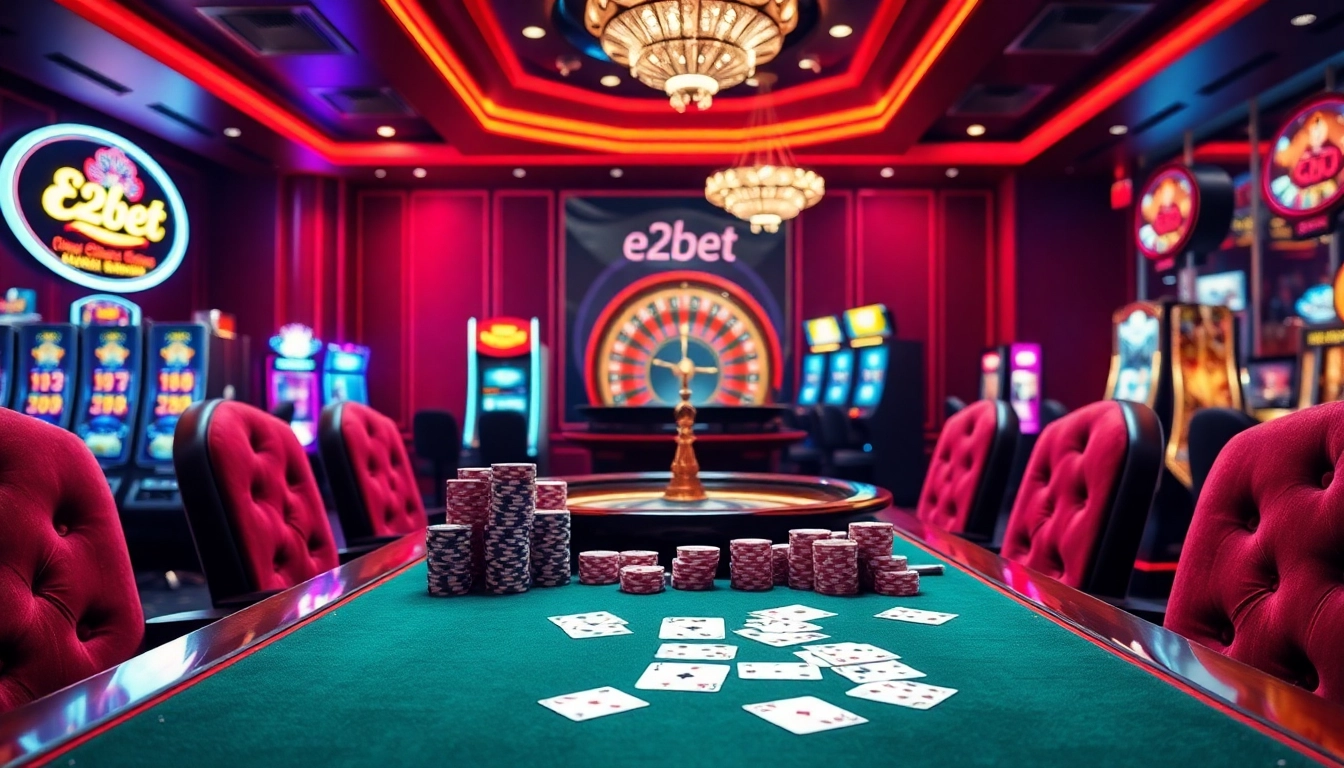 Exciting e2bet online casino scene with poker chips, roulette wheel, and vibrant slot machines.