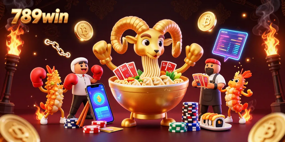 Engage with the lively scene of 789win featuring a giant ramen bowl, crypto coins, and gaming cheerleaders.