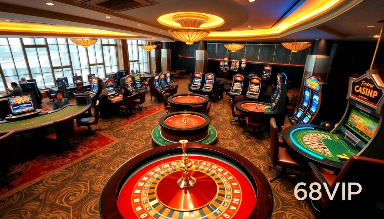 Explore the vibrant gaming experience at Trụ Sở Nhà Cái 68VIP with exciting casino tables and engaging players.
