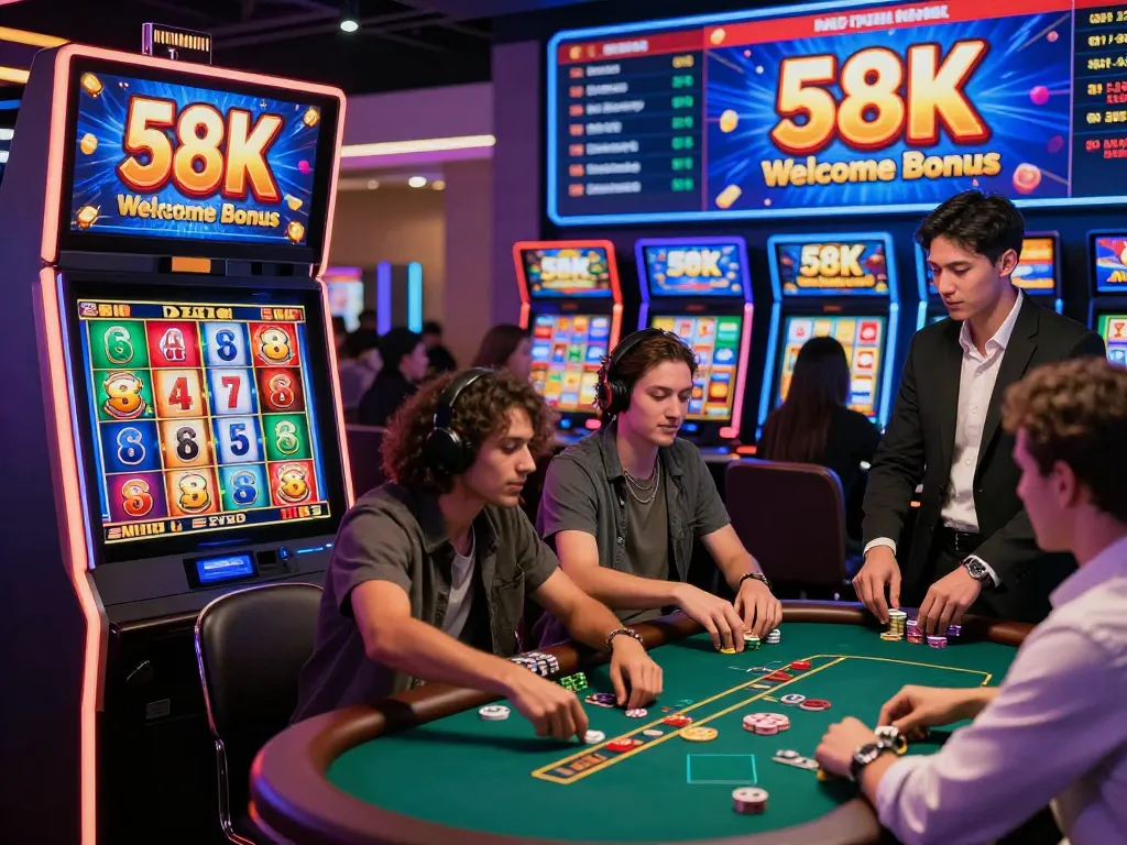 Luck8 online gaming experience with players engaging in vibrant slot machines and live poker games.
