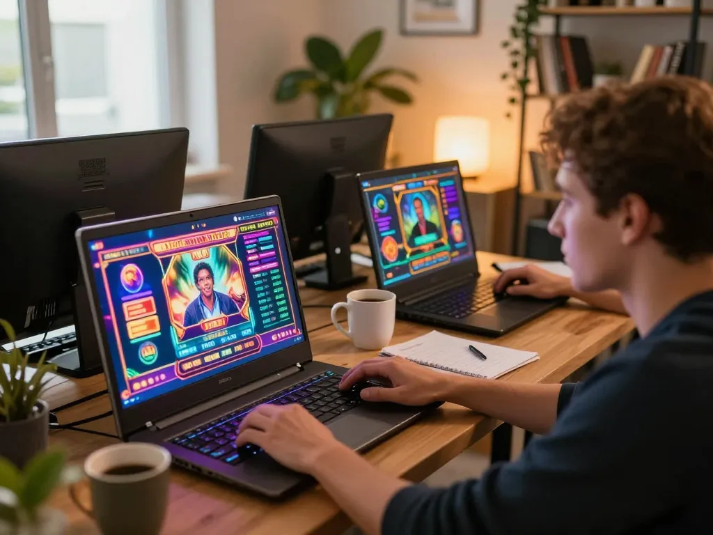Player enjoying kp88 online gaming experience with colorful slot machines on laptop