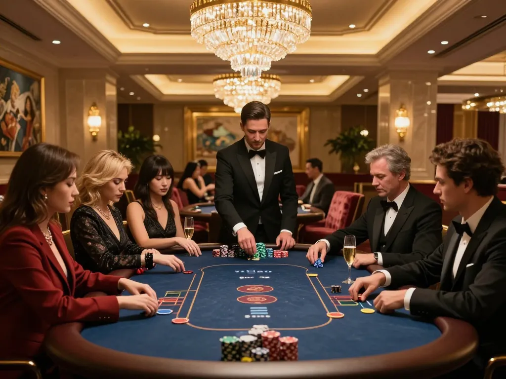 VIPwin players enjoying a high-stakes poker game in an upscale casino's VIP area.