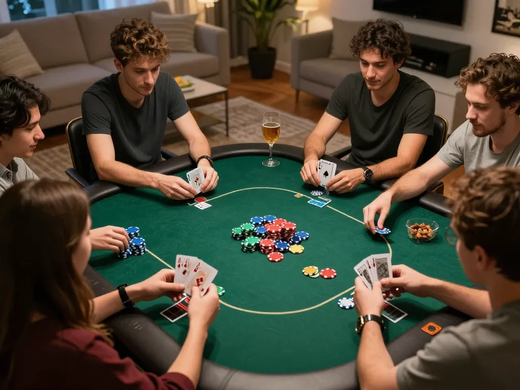 Engaged players in a home poker game enjoying Link SC88, showcasing vibrant chips and strategic hands.