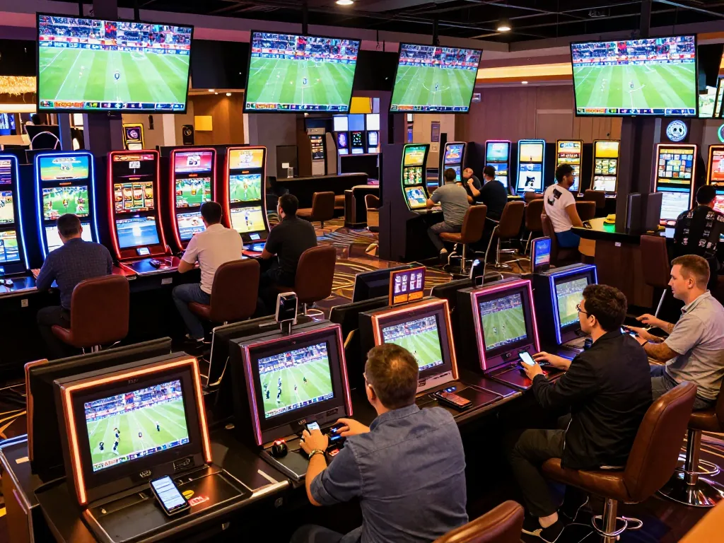 F8 bet sports fans engaging in dynamic live betting at a modern casino setting