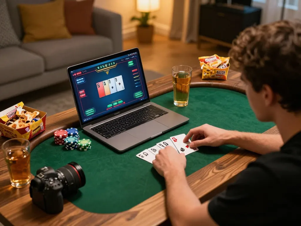 Engaging in poker gameplay on https://jl16-games.org/ with colorful cards and cozy home setting.