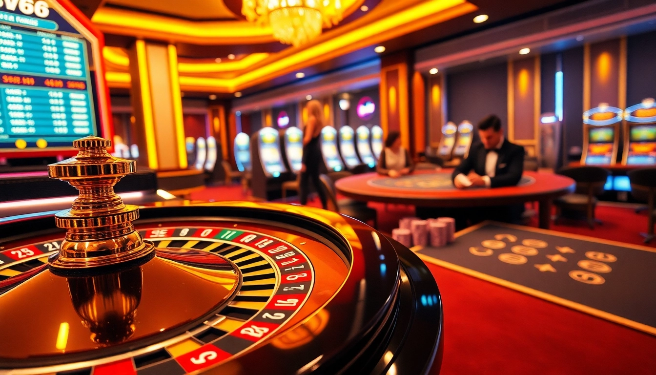 Gamblers engaged at a vibrant casino featuring roulette, poker chips, and slot machines with SV66 branding.