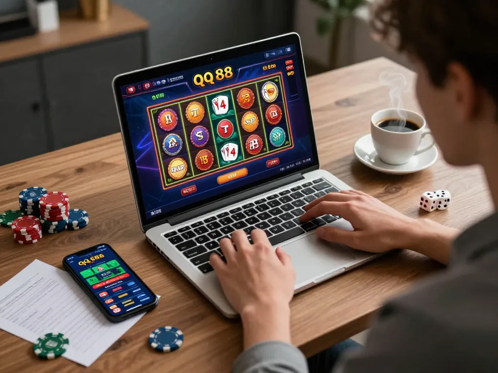Engaging qq 88 online gaming setup with player at laptop, showcasing betting strategies and vibrant game interface.