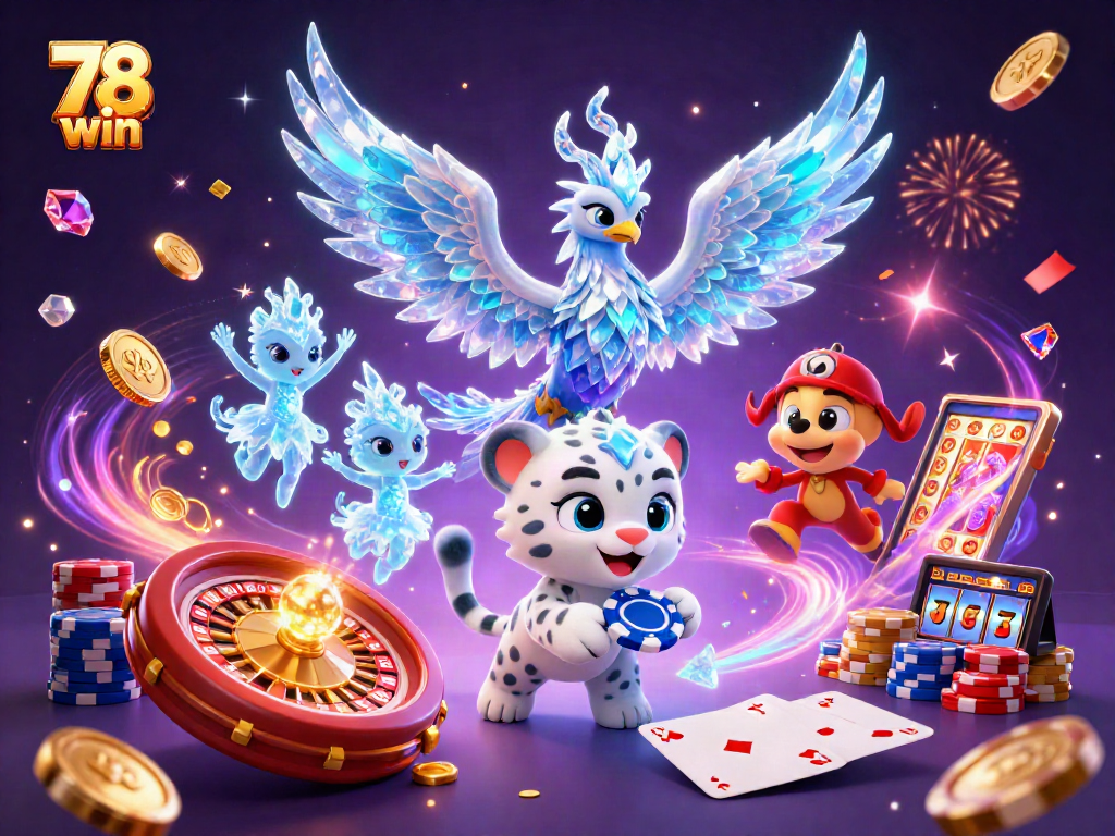 Experience the thrill of 78 win as lively characters engage in epic gaming moments with sparkling gems and coins.