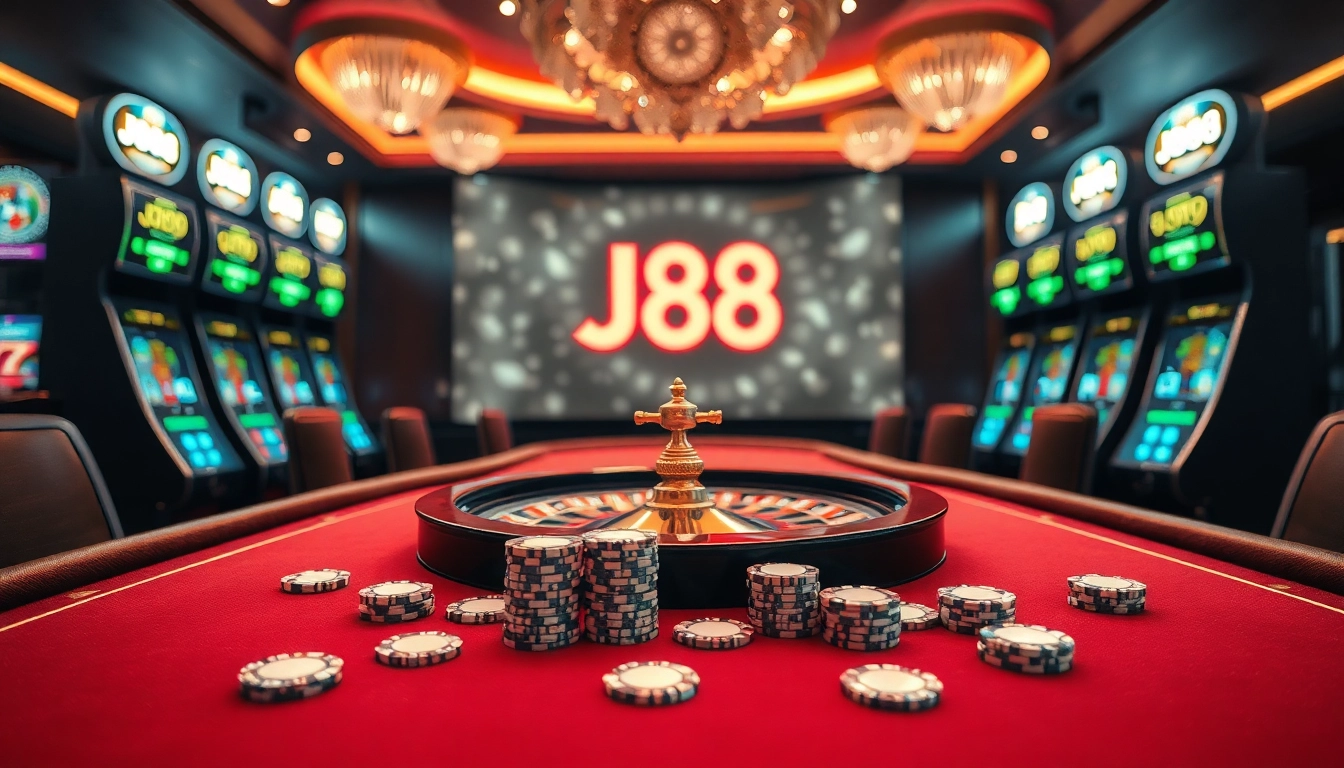 Experience J88 gaming excitement with vibrant poker chips and roulette wheel in a luxurious casino.