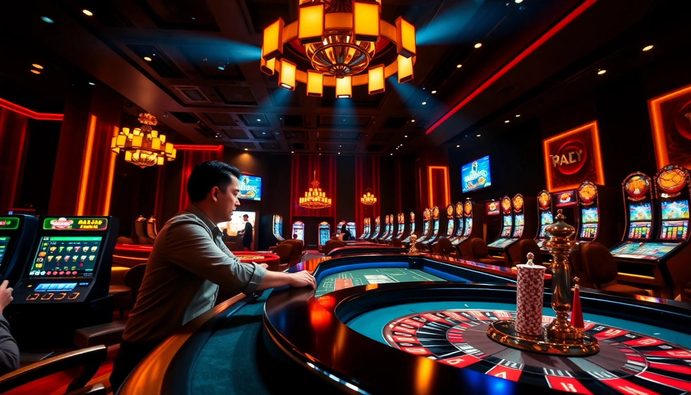 The vibrant online casino scene at https://mmoo.ad/ featuring a live dealer and popular games like Baccarat, enveloped in a thrilling atmosphere.