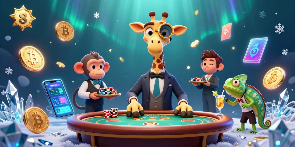 S 8 showcases high-roller giraffe at the poker table with vibrant casino elements and crypto coins.
