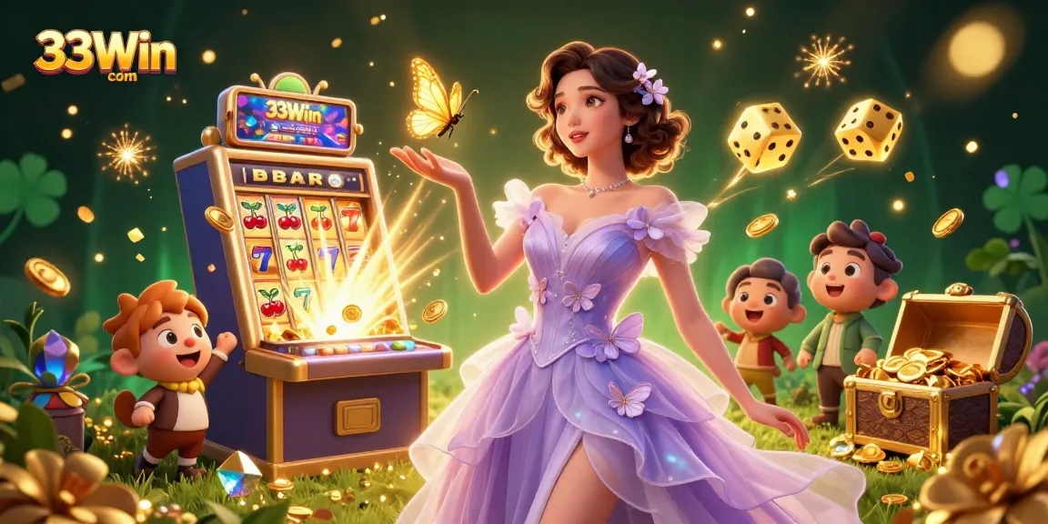 Experience exciting wins with 33Win com as a stunning Asian woman celebrates a jackpot explosion in a dazzling casino.
