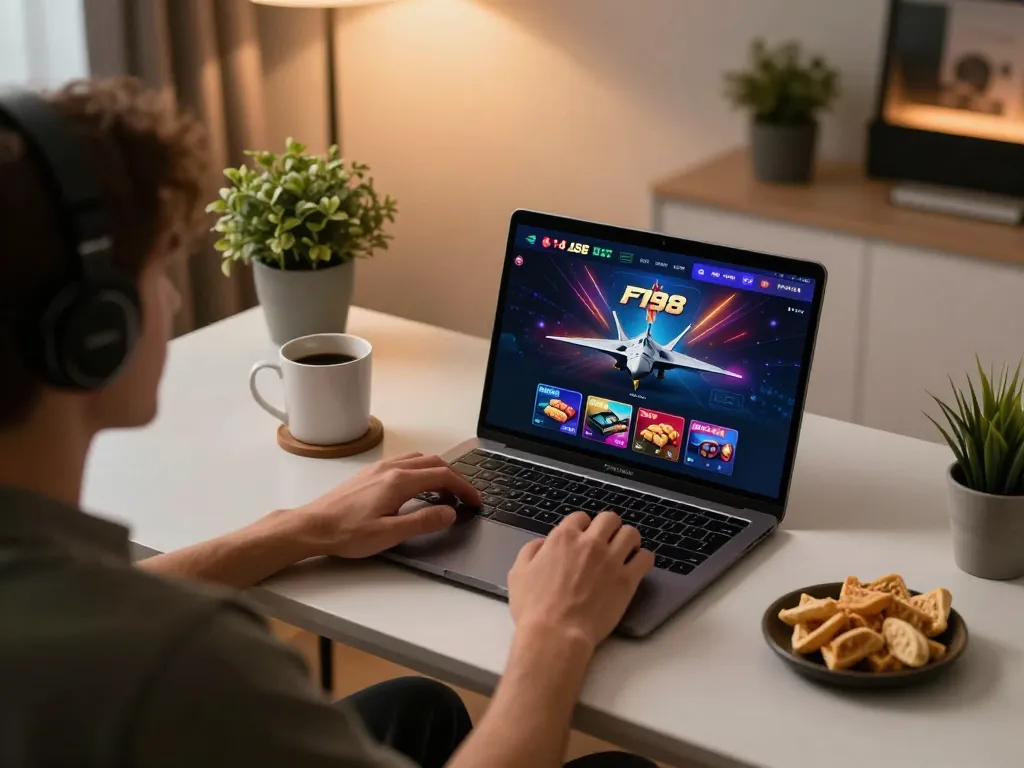 Player engaged in the F168 app on a sleek desk setup, enhancing their online gambling experience.