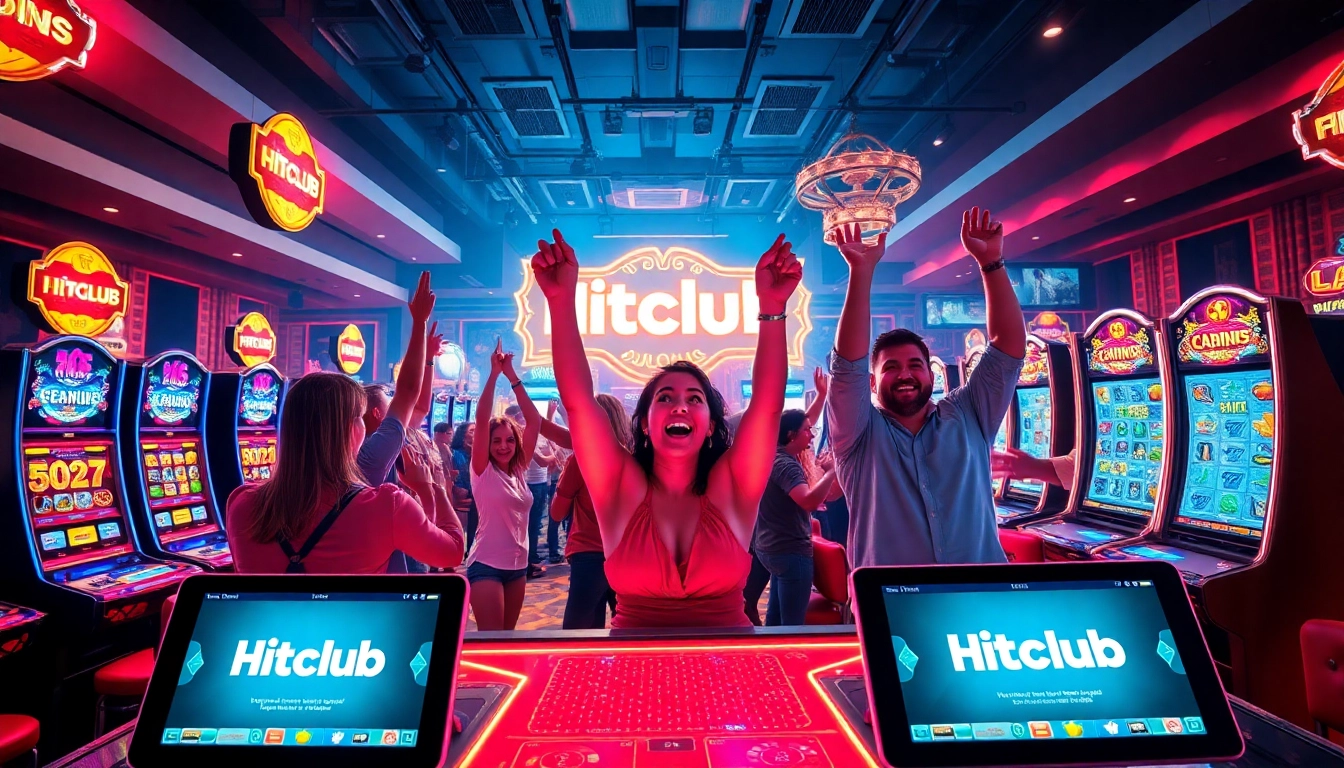 Hitclub gaming scene showcasing vibrant slots and engaging players celebrating wins