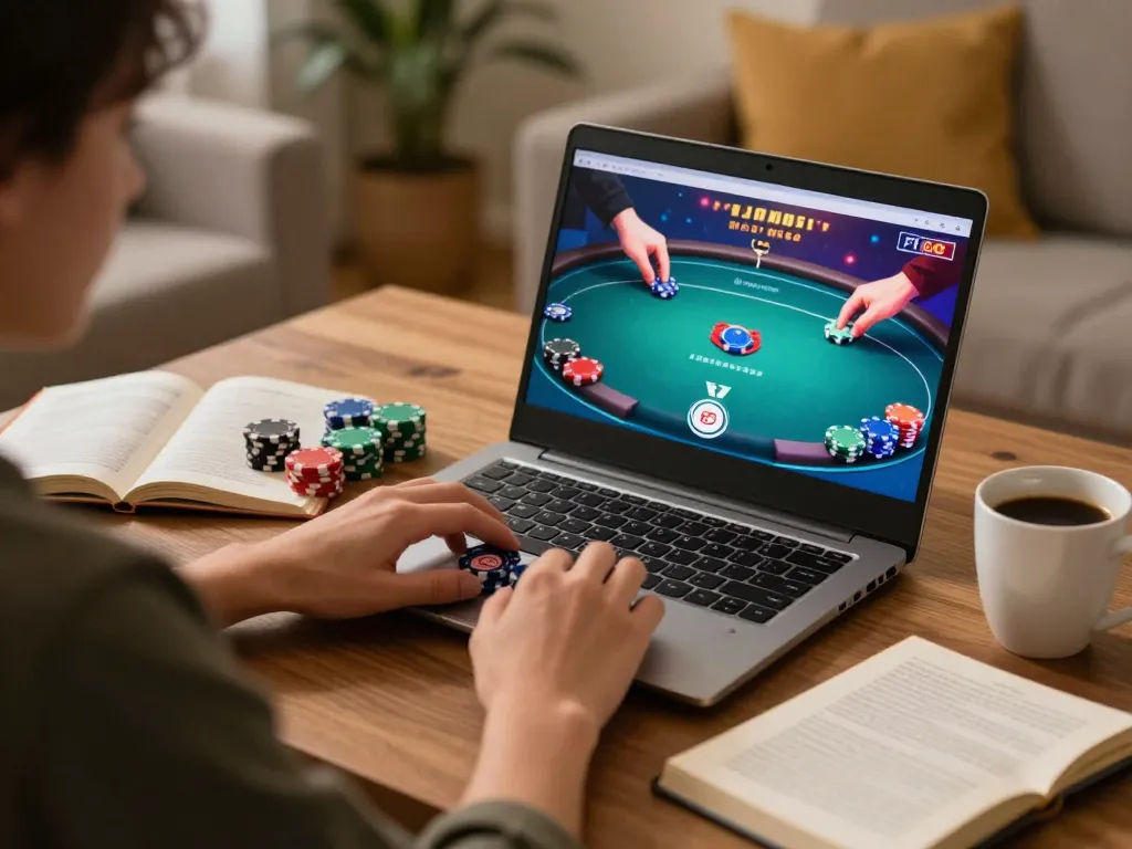Engaged player enjoying online poker gaming on a laptop, showcasing the F168s platform.