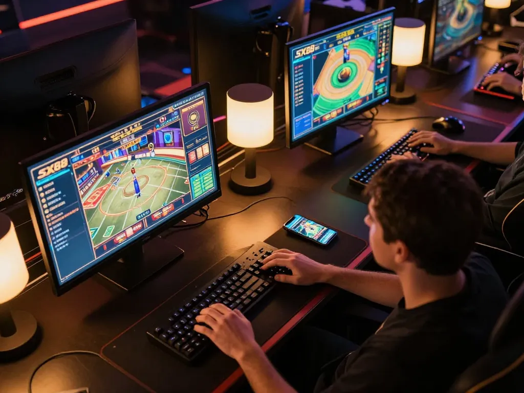 SX88 online gaming setup highlights strategic gameplay with multiple screens and dynamic dealer interactions.