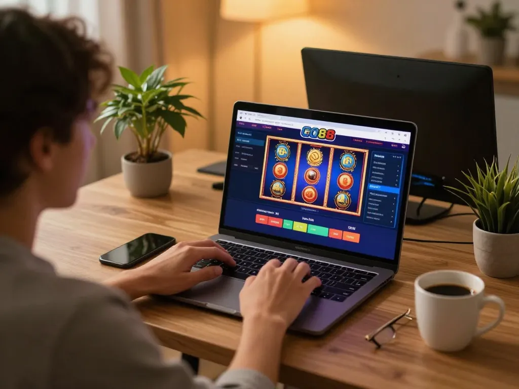Engaging home gaming scene showcasing GO88 platform with colorful slot games displayed on laptop.