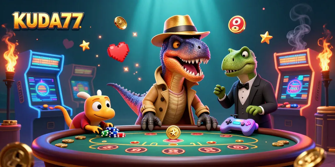 Menang dengan KUDA77, menggambarkan velociraptor bertindak di meja blackjack, dikelilingi elemen kasino.