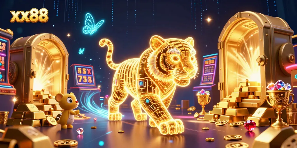 Experience the excitement of xx88 in this vibrant casino scene, featuring a neon tiger and treasures.