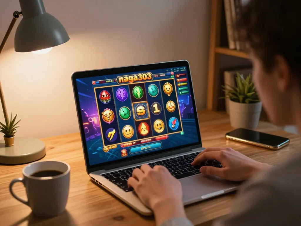 Naga303 slot game in action on a laptop, showcasing colorful graphics and engaging gameplay experience