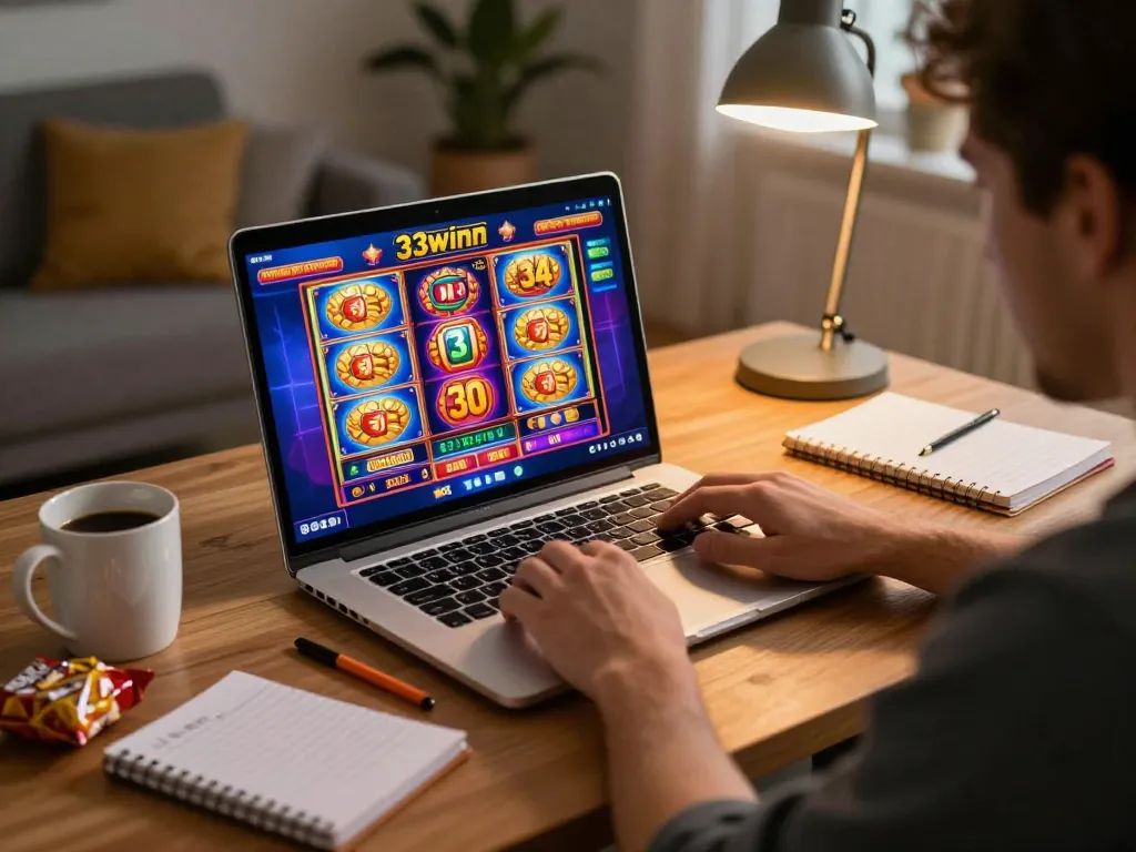 Player engaging with 33winn online casino on laptop, colorful slot games displayed, cozy home atmosphere.