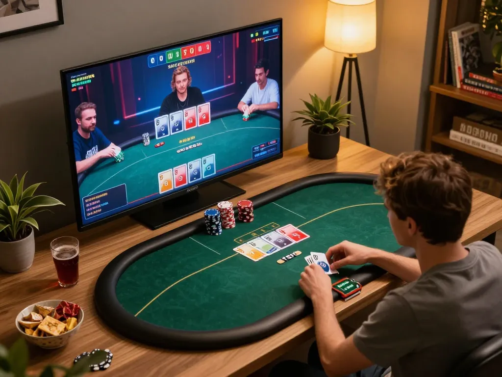 Engaging poker gameplay on lucky88mobi with virtual cards and player stats in a cozy home setting