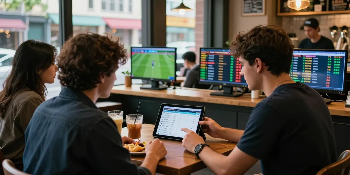 Analyzing tỷ lệ kèo in a vibrant café with friends discussing betting strategies