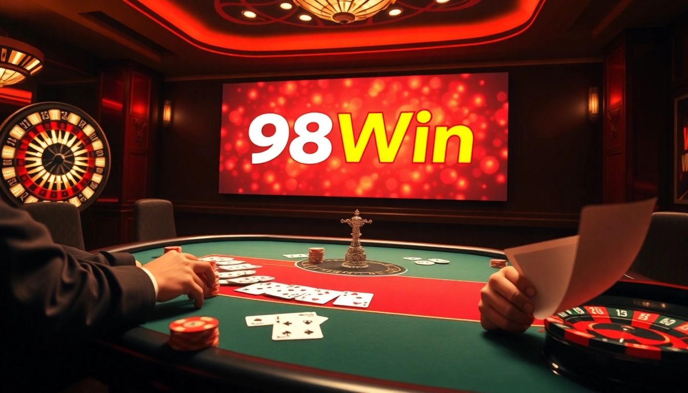 Enjoy an exciting poker game at 98Win with vibrant poker chips and a roulette wheel.