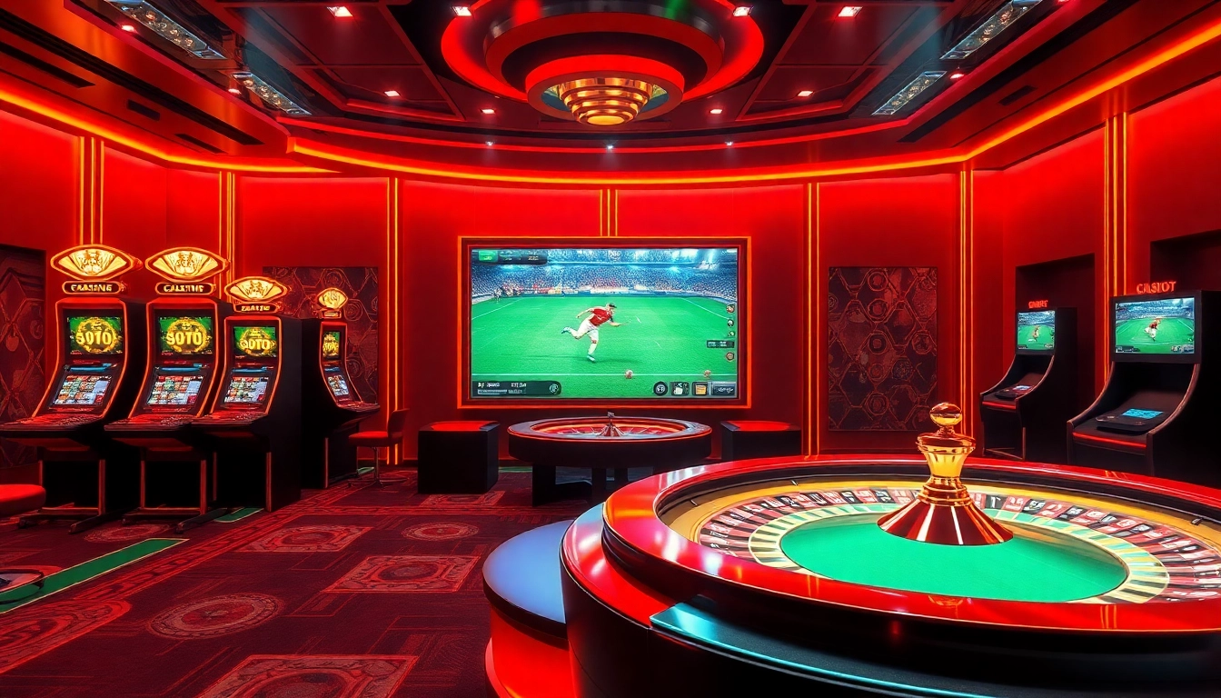 Xoilac TV featuring a vibrant online casino scene with slot machines and live football streaming.