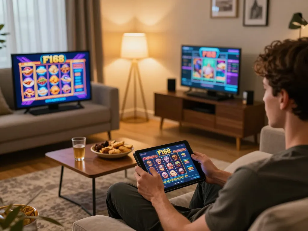 Engaging with F168 online casino on tablet in a cozy home setting