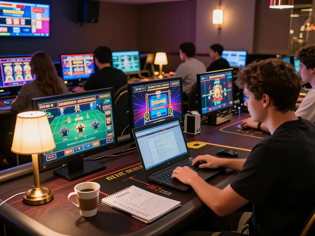 Engaged player at KJC online casino using laptop for strategic betting