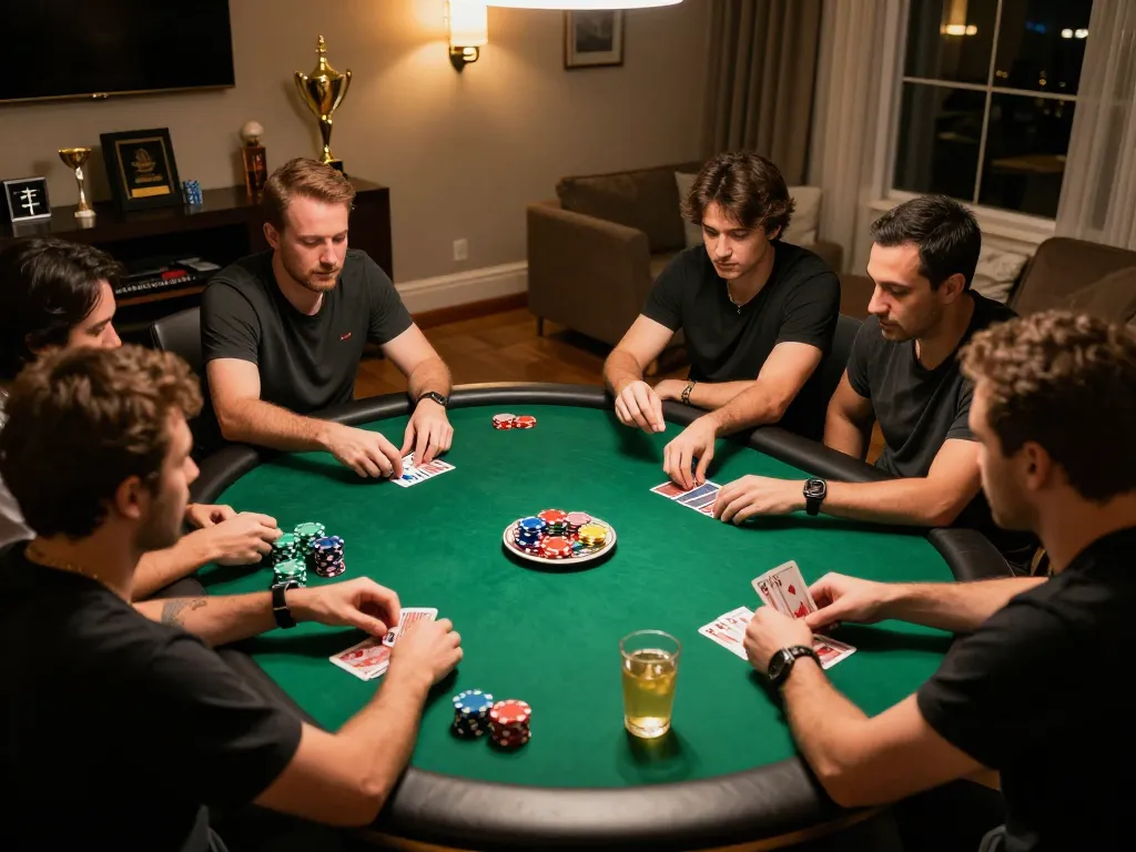 Players enjoying a lively poker night at home, showcasing loto188 strategies in a warm, inviting atmosphere.