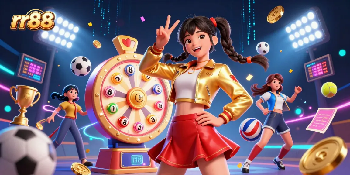rr88 sports betting action with engaging characters and dynamic 3D elements in a vibrant casino setting.