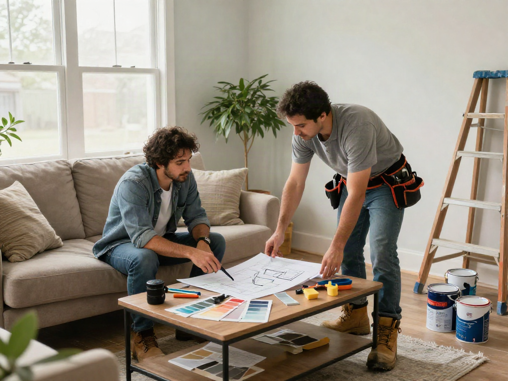 Engaging homeowner discussing home repair services Des Moines Iowa with a contractor in a bright living room setting.