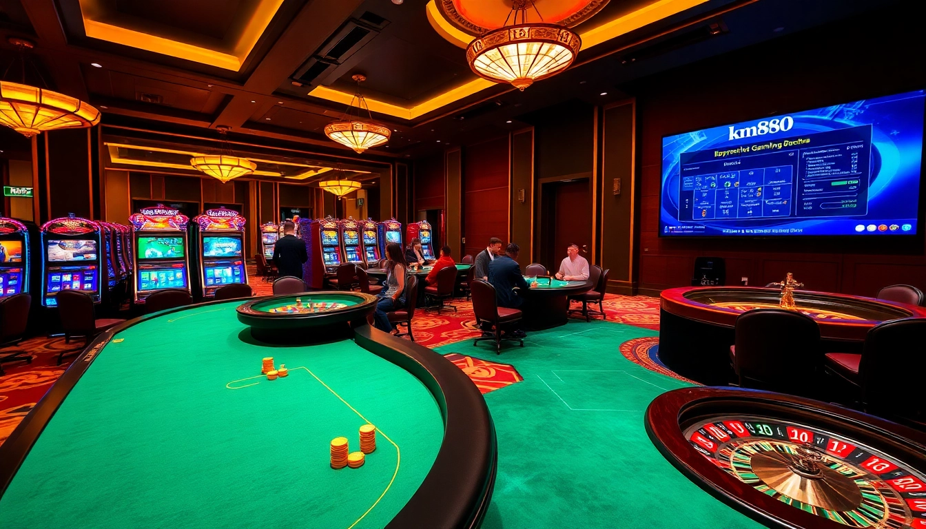 Players enjoying vibrant games at km88 casino tables with exciting slot machines in view.