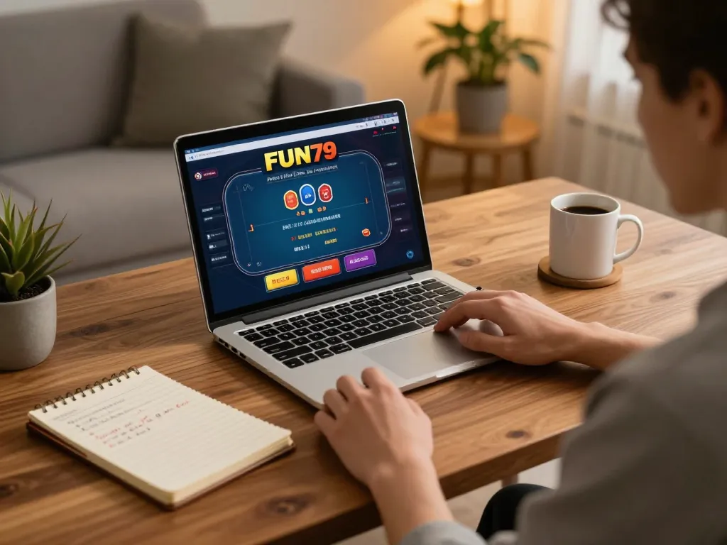 Fun79 player strategizing online poker at home with a modern laptop.