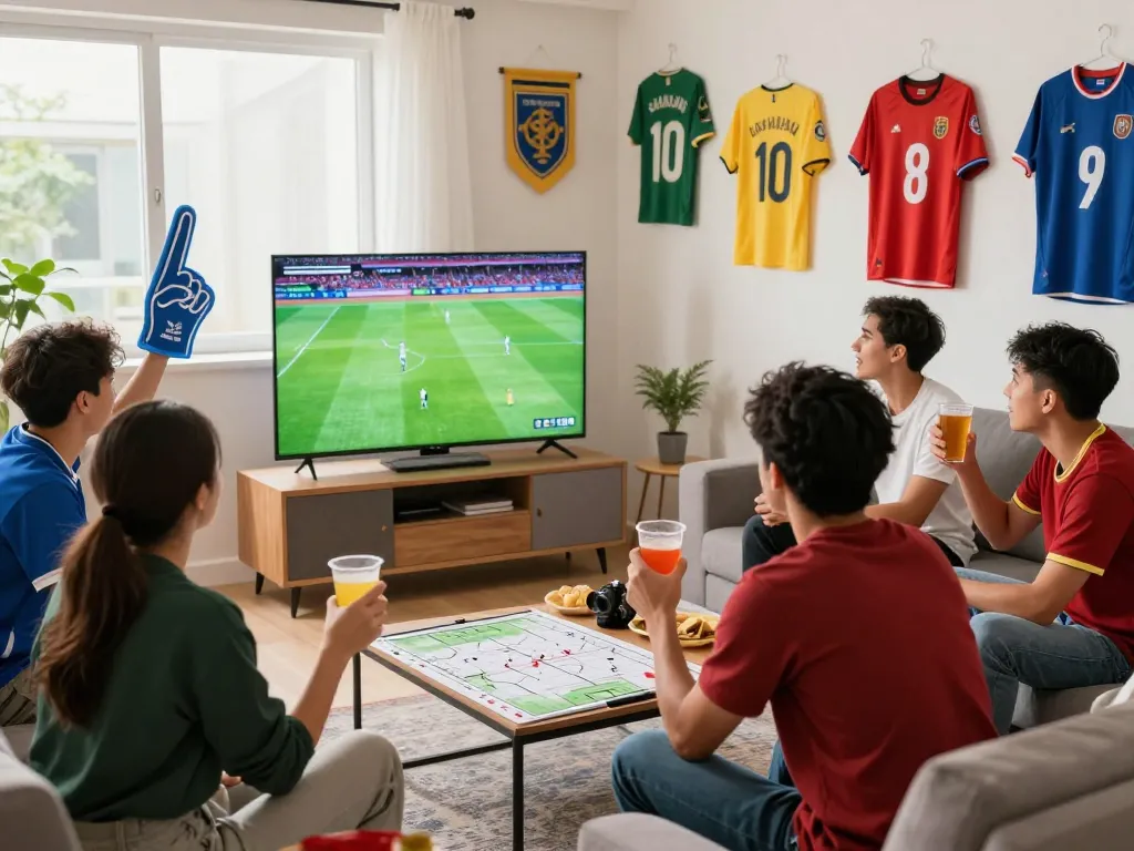 Các fan hâm mộ hào hứng xem bóng đá trực tuyến trong một phòng khách sôi động, cổ vũ cho đội bóng yêu thích của họ.