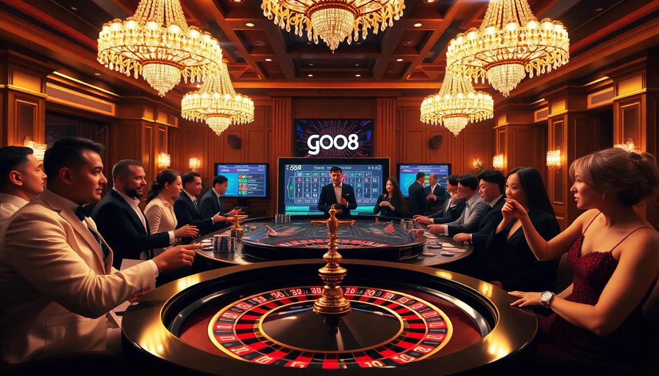 Experience thrilling gaming at https://go8s.bio/ with a luxurious casino scene featuring roulette and eager players.