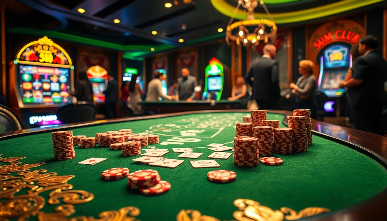 SumClub gaming table showcasing vibrant poker chips and cards in a luxurious casino setting.