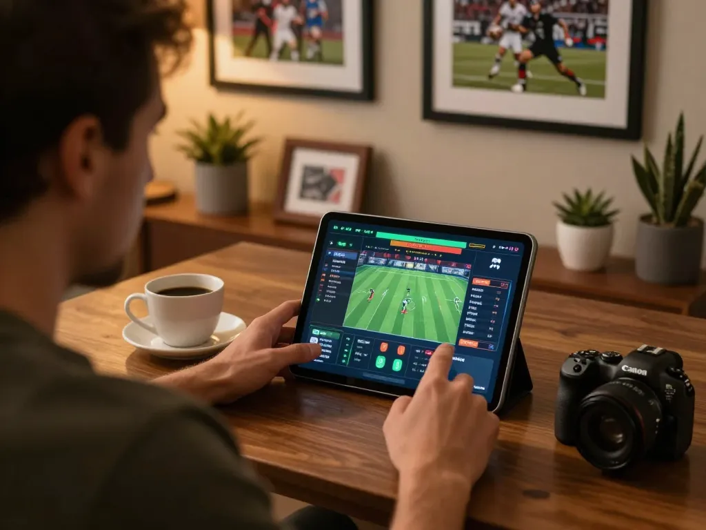 Player engaging with F168BET sports betting interface on tablet in cozy home setup.