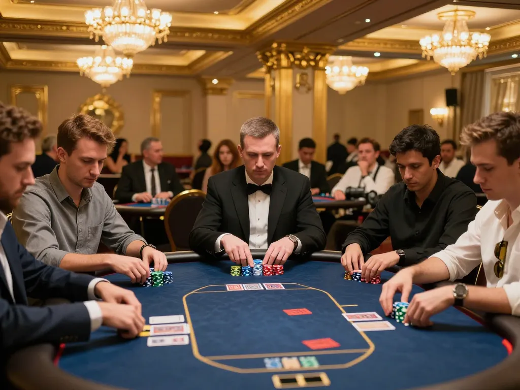 HIT CLUB players strategizing during an exciting poker tournament in an elegant casino setting