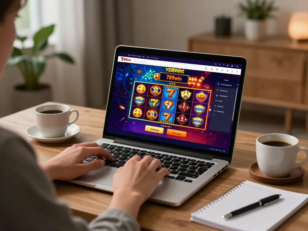 Engaging with 789win online casino on laptop, cozy home atmosphere.