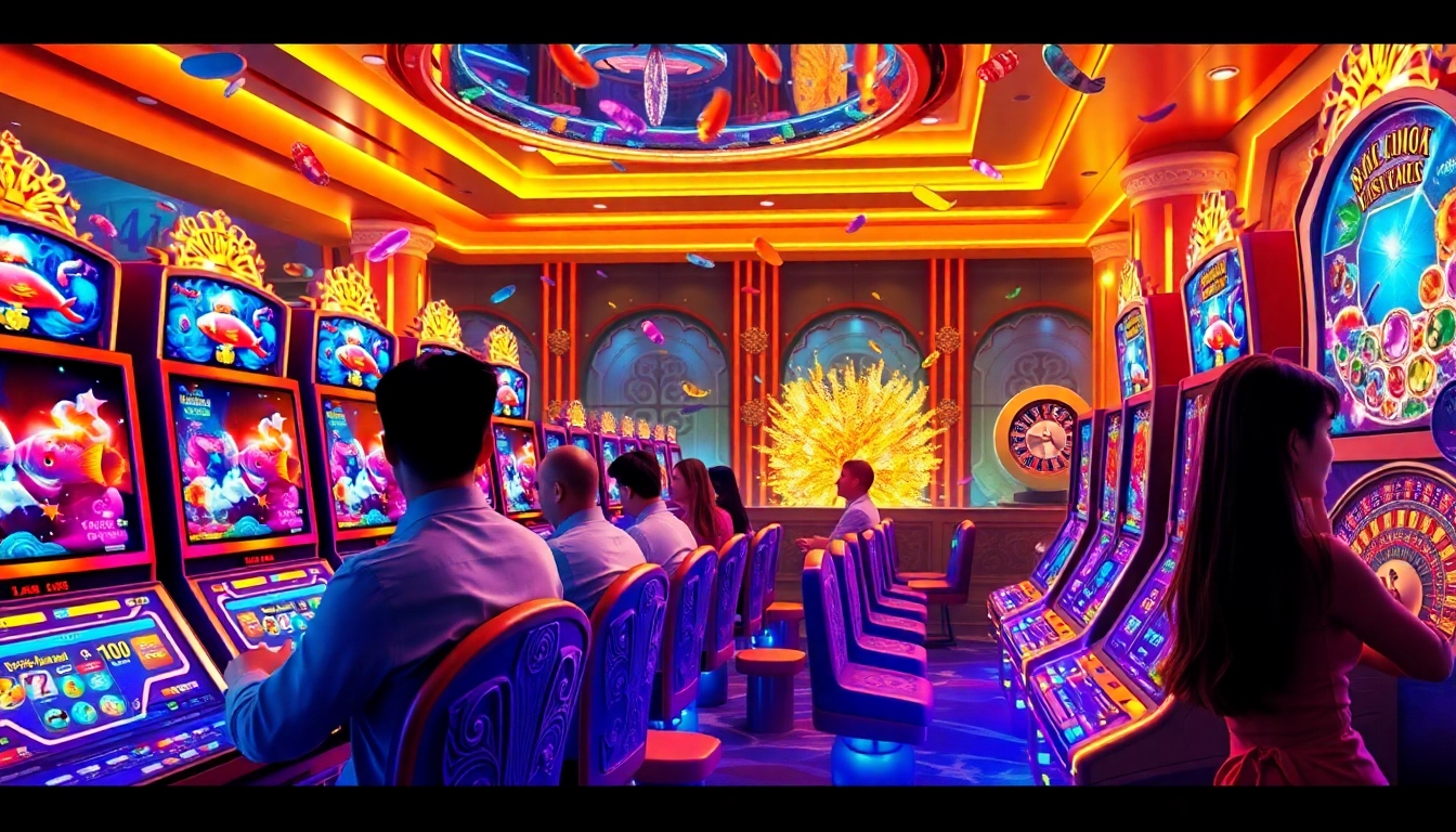 Bắn cá đổi thưởng scene with players excitedly winning, vivid graphics of fish, cash explosions, creating a dynamic casino atmosphere.