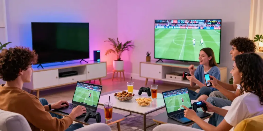Friends enjoying gaming and sports streaming at home, showcasing 1da88.it.com experience.