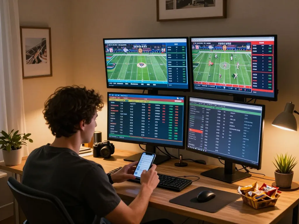 TOPBET user places strategic bets while analyzing live sports odds on multiple screens online