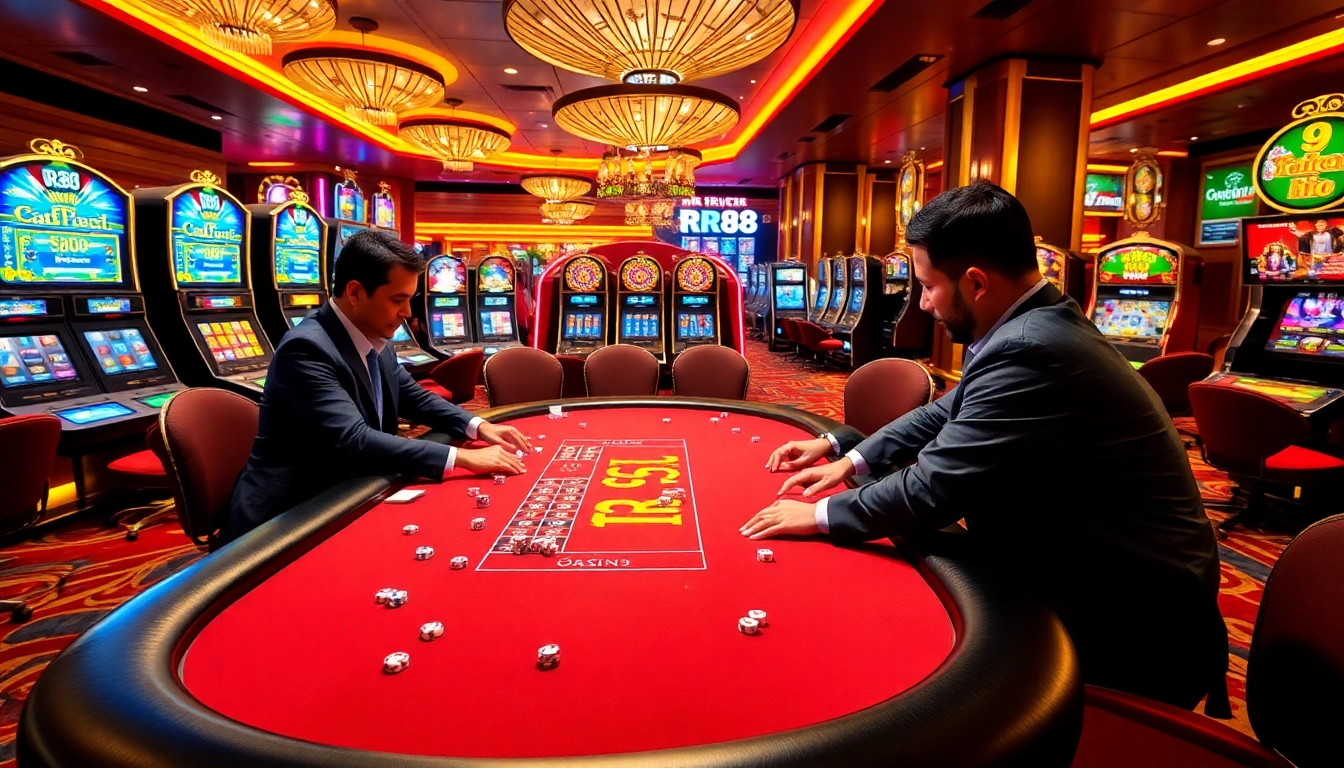 RR88 players enjoying a dynamic and exciting poker table experience in a luxurious casino setting.