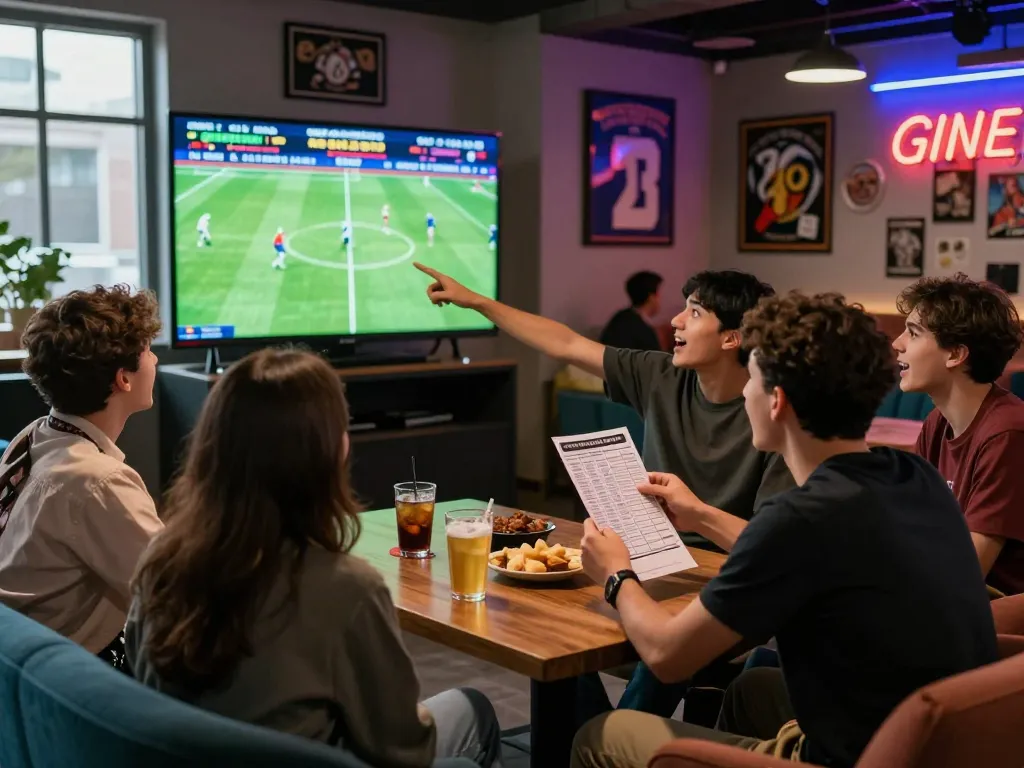 Friends enjoying sports betting at https://bong99vn.win/ with drinks and live matches.